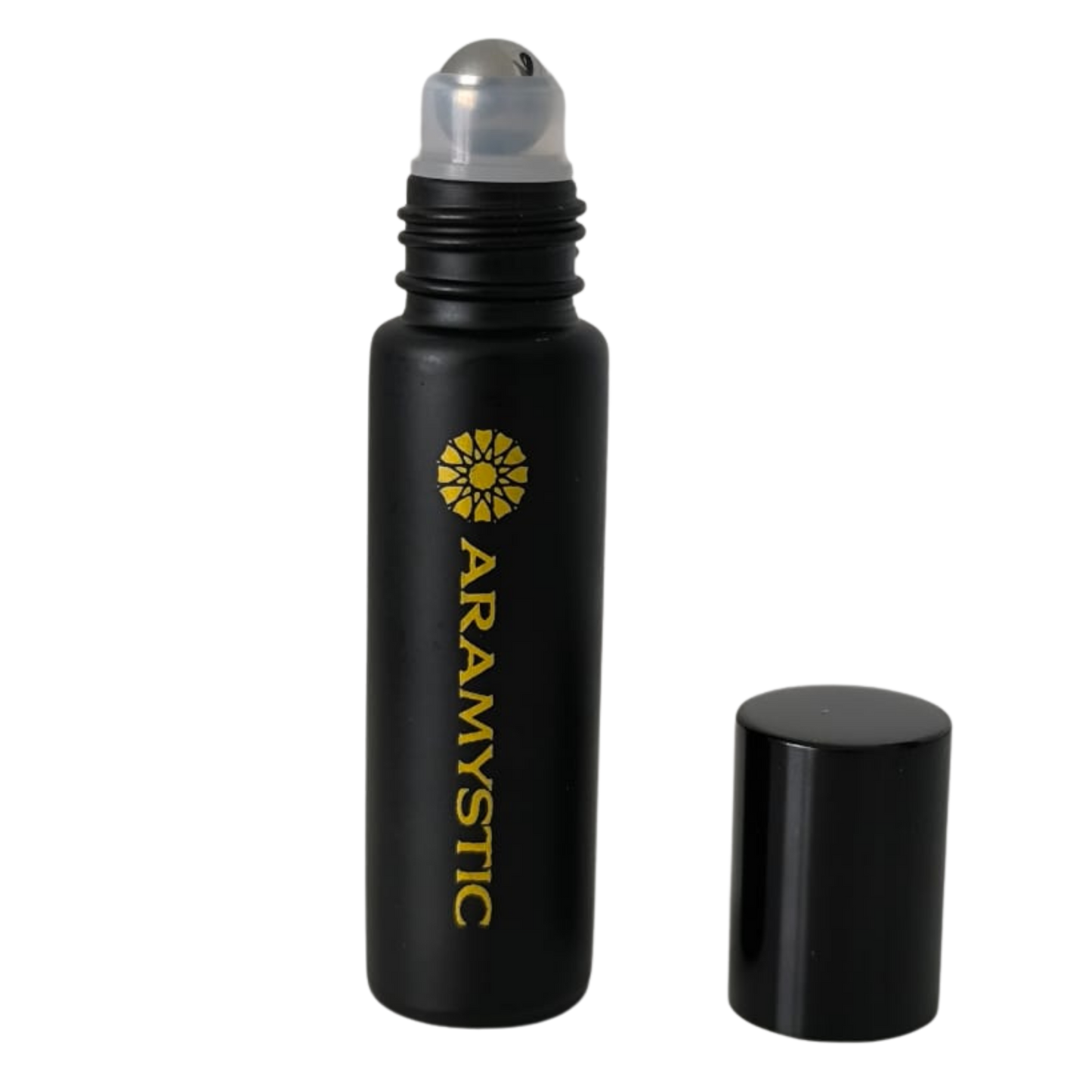 Aramystic perfume oil black roll-on bottle with cap removed on black background