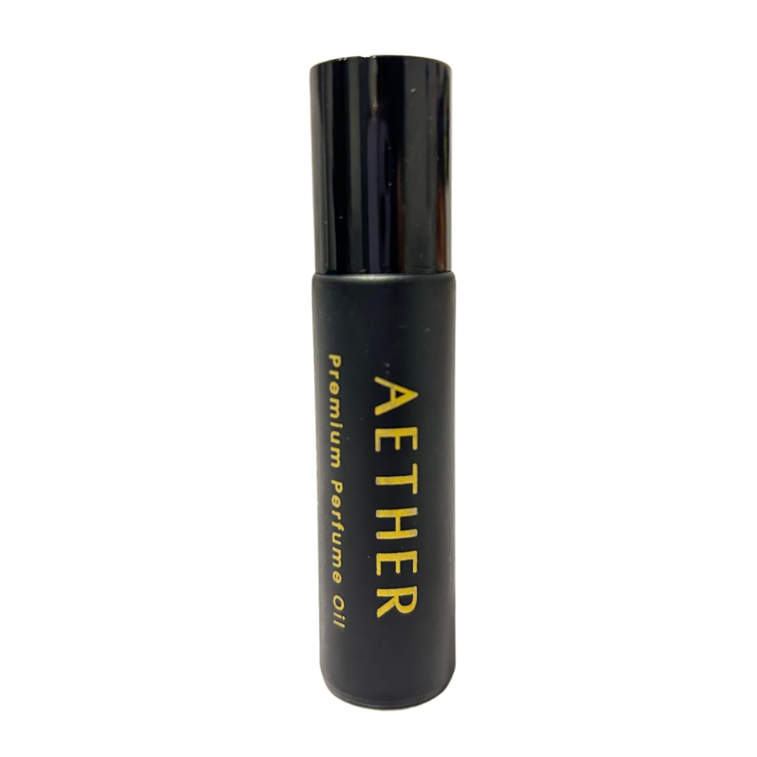 Aramystic Aether perfume oil black bottle with gold lettering and black cap