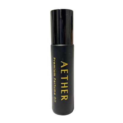 Aramystic Aether perfume oil black bottle with gold lettering and black cap