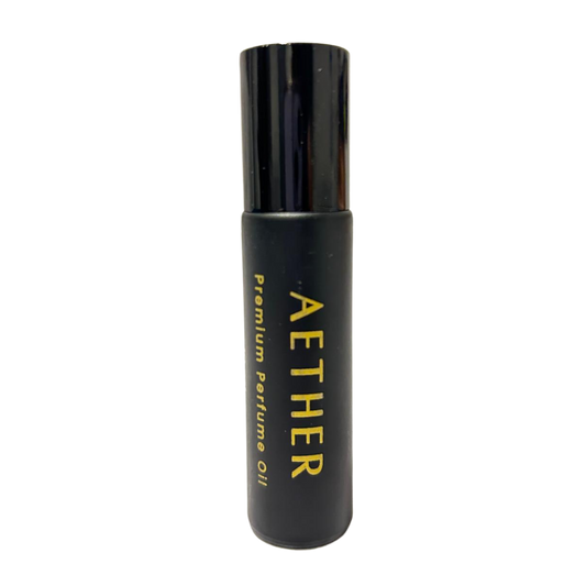 Aramystic Aether perfume oil black bottle with gold lettering and black cap