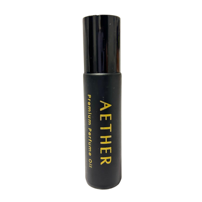 Aramystic Aether perfume oil black bottle with gold lettering and black cap