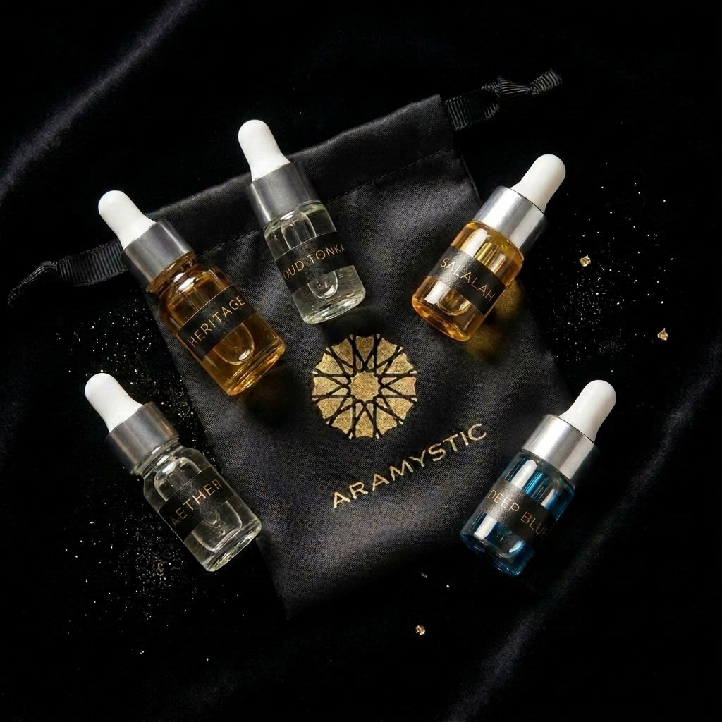 Aramystic skincare serum bottles on a black background with brand logo.
